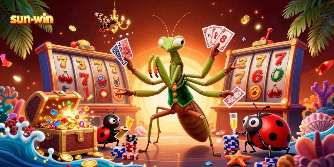 sun-win casino scene with a mantis dealer and ladybug pit boss amidst vibrant slot game elements