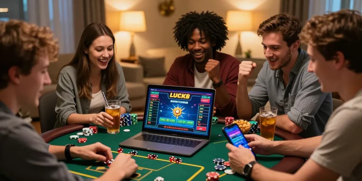 LUCK8 online casino gaming scene with friends enjoying bets and vibrant graphics.