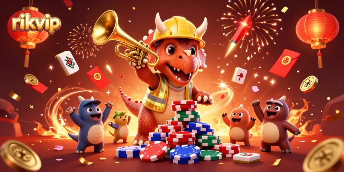 Exciting game moment at rikvip with dinosaurs celebrating while building poker chip pyramids.