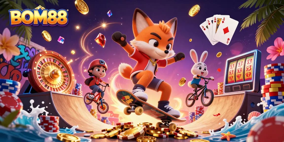 BOM88 offers thrilling wins with dynamic gaming visuals, featuring vibrant casino elements and action-packed characters.