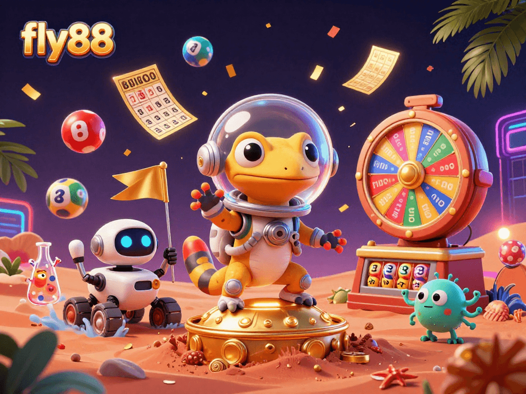 Join the fun at fly88 as the Martian gecko discovers a golden casino, surrounded by vibrant games.