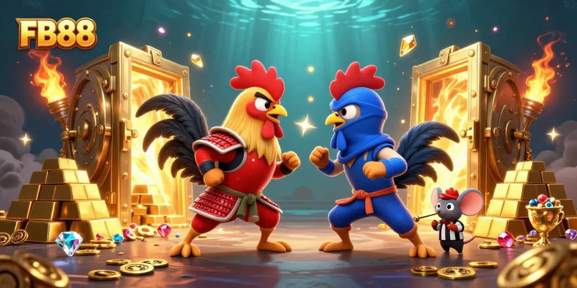 Engage with FB88's dynamic standoff between samurai and ninja roosters amidst treasure.