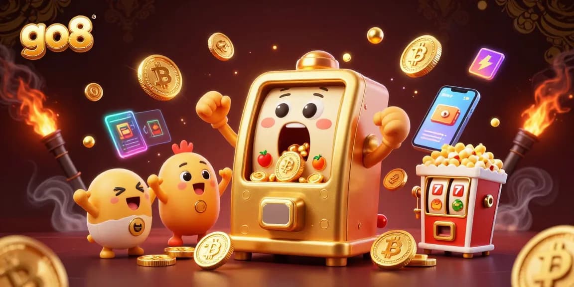 Win big with go8 in this vibrant 3D casino scene featuring a golden slot machine and crypto elements.