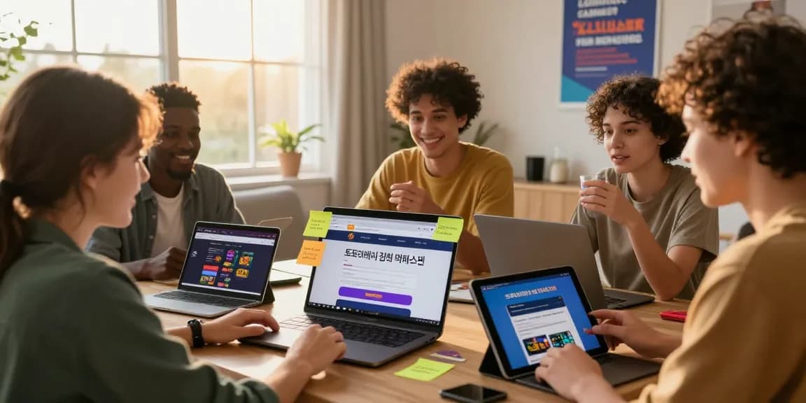Community members discussing 안전 토토사이트 검증 먹튀스팟 with laptops and devices in a cozy environment