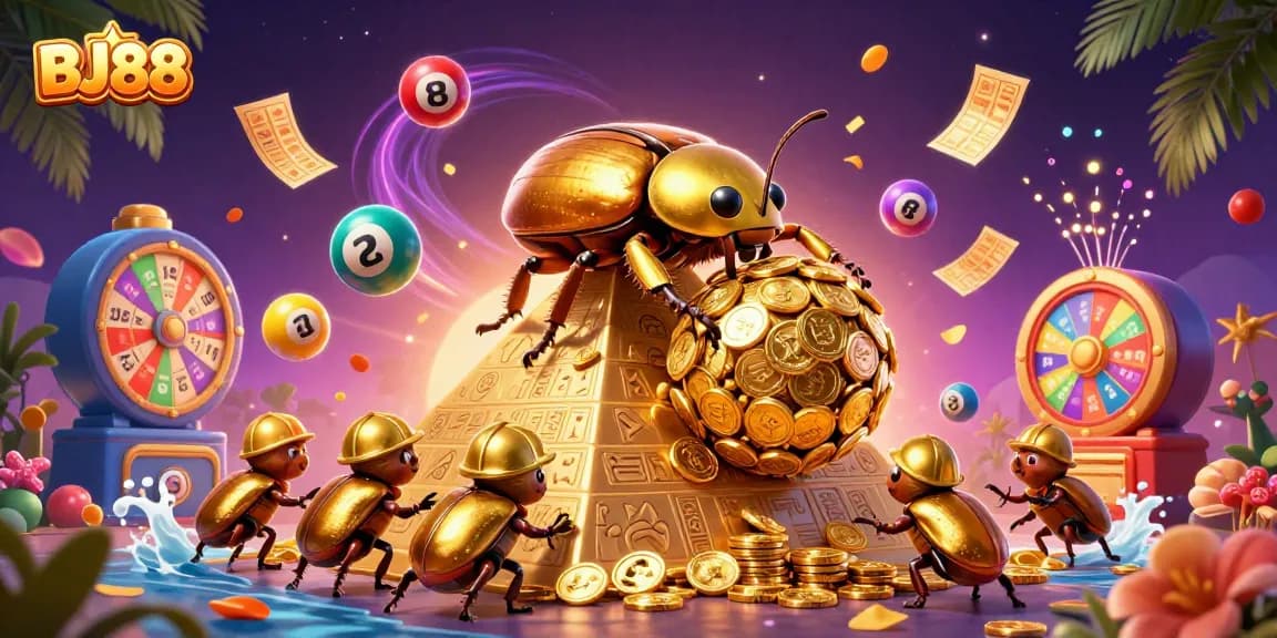 BJ88 immerses players in vibrant gaming excitement with golden coins and lottery elements.