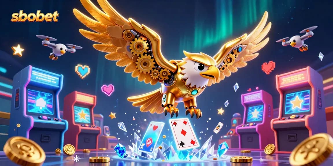 Simplify your sbobet experience with a vibrant 3D illustration of a golden eagle in a dynamic casino scene.