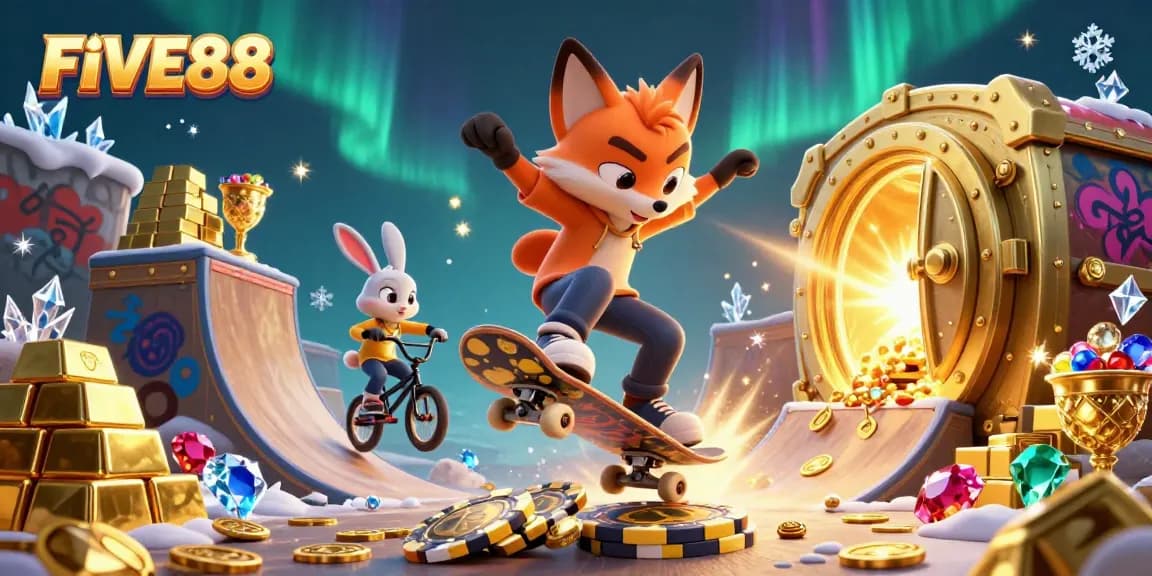 Engage in gaming excitement at FIVE88 with dynamic cartoons showcasing vibrant casino elements.