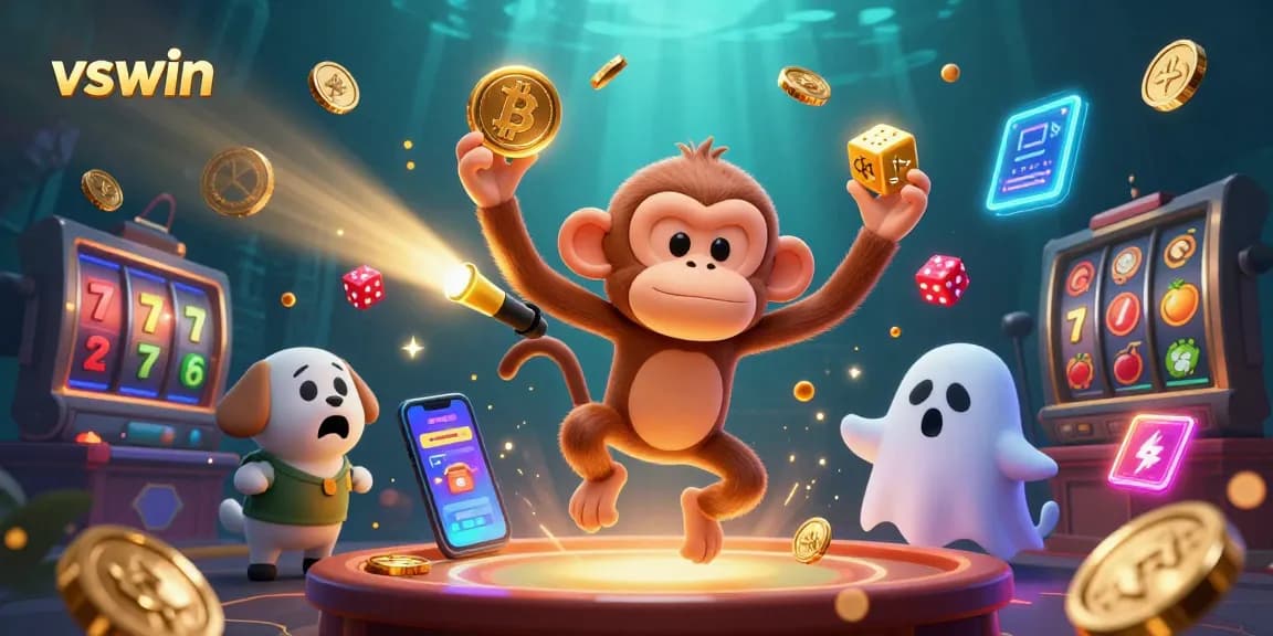 Experience vswin’s thrilling casino adventure with a ghost-hunter and mischievous monkey in a dynamic scene.