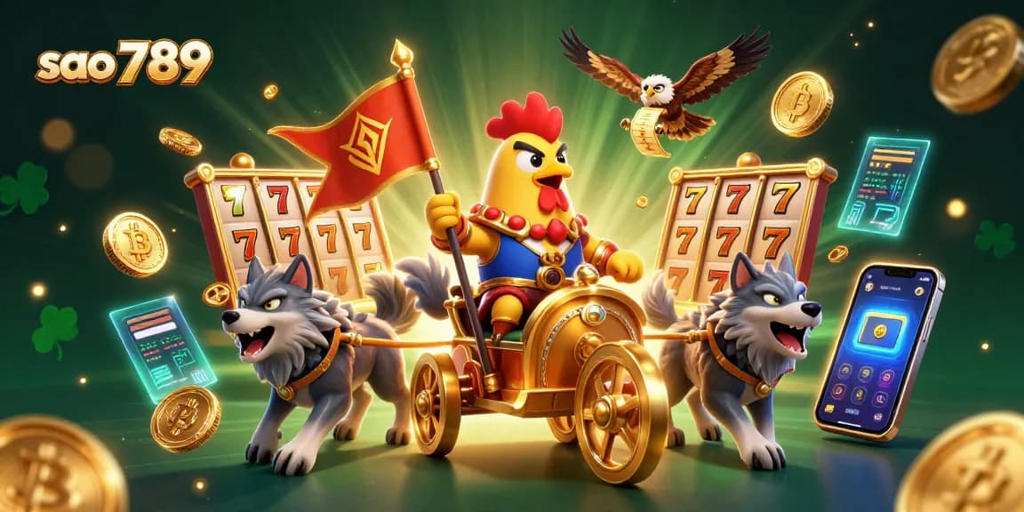 Sweeping action in 'sao 789' with a rooster warlord at the helm alongside vibrant slot game reels.