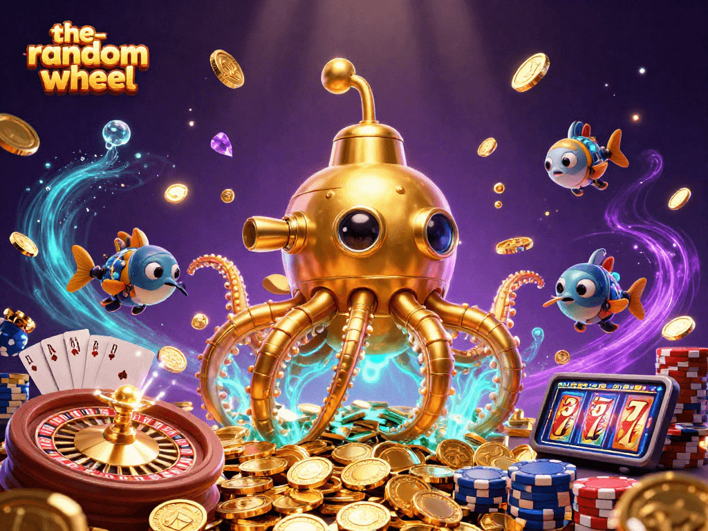 Spin the-random-wheel for fortune, featuring a submarine kraken amid a treasure of casino elements.