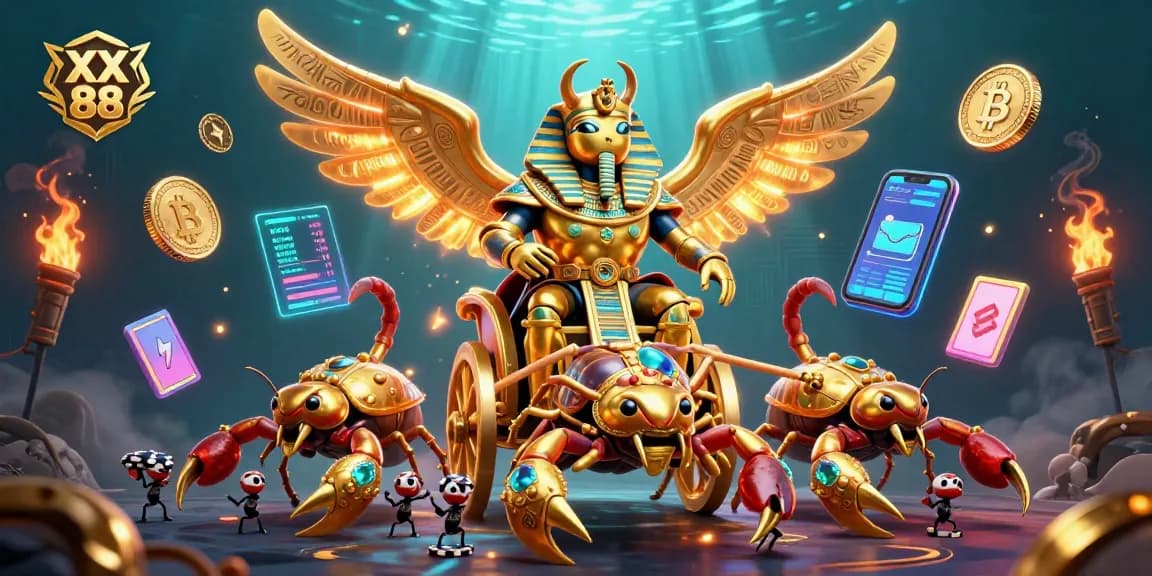 Join the adventure at XX 88 with a colossal pharaoh beetle and scorpions amidst glowing casino elements.