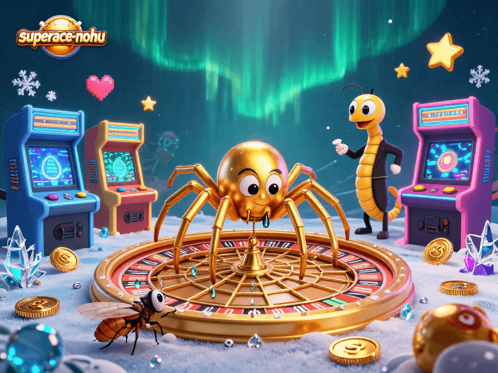 Engage in thrilling gameplay with superace-nohu, featuring a golden roulette wheel web created by a cartoon spider.