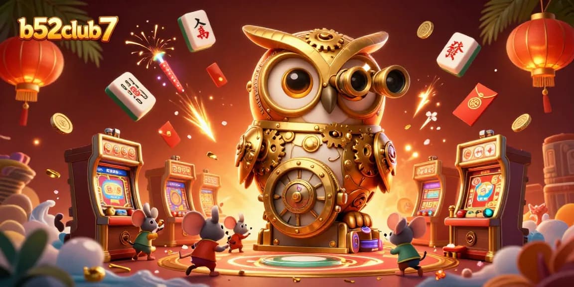 Engage in thrilling gameplay at b52club7, featuring a dynamic casino scene with golden owl and vibrant game elements.