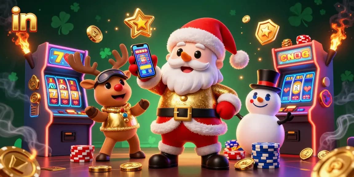 Engage in jackpot slots gaming with Santa, reindeer, and a snowman in a vibrant casino scene.