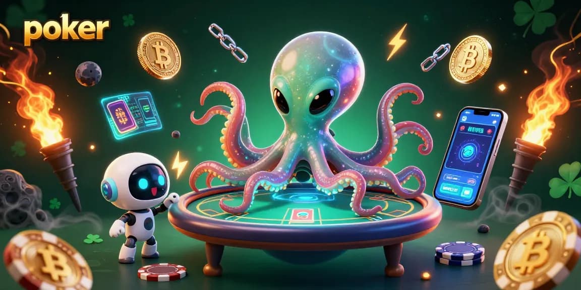 Engage in poker action with a holographic table setup, where an alien octopus and robot display vibrant chips.