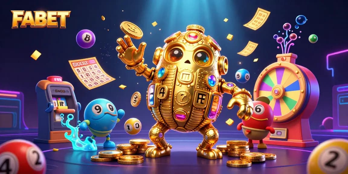 Engage with FABET's golden golem avatar amidst a dynamic explosion of colorful lottery and gaming elements.