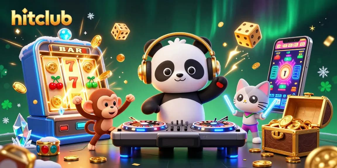 Hitclub spins the reels with a colorful jackpot explosion and dancing characters in a vibrant casino scene.