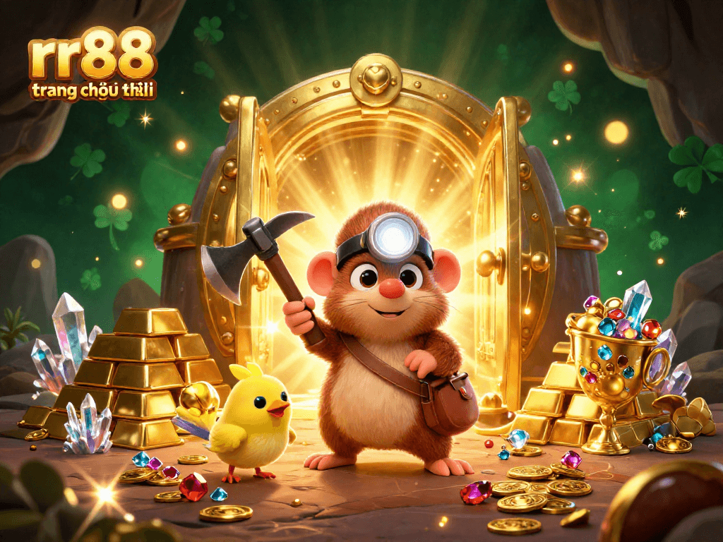 Experience the excitement of gambling at rr88 trang chủ uy tín featuring a treasure hunt scene with vibrant gems.