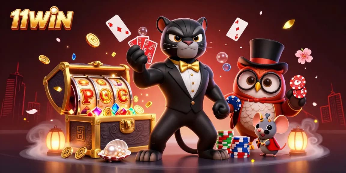 11WIN showcases stylish panther and friends in a vibrant casino scene with slot reels and treasure chests.