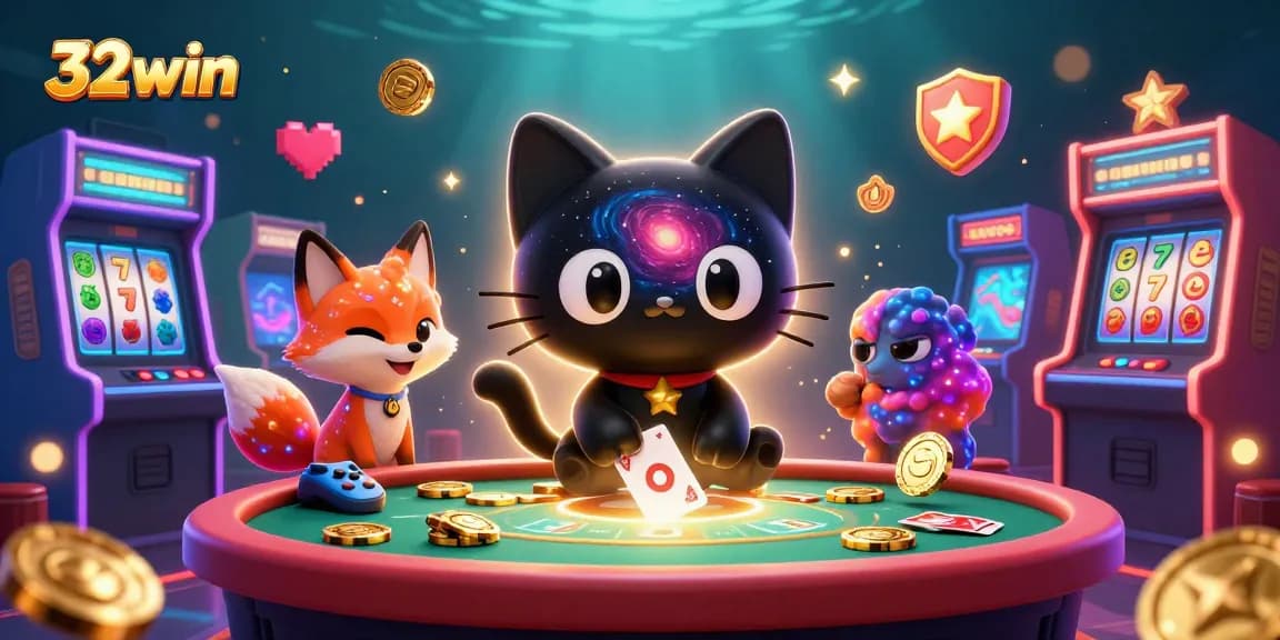 Experience 32win with a whimsical cosmic casino scene featuring animated characters and vibrant gaming elements.