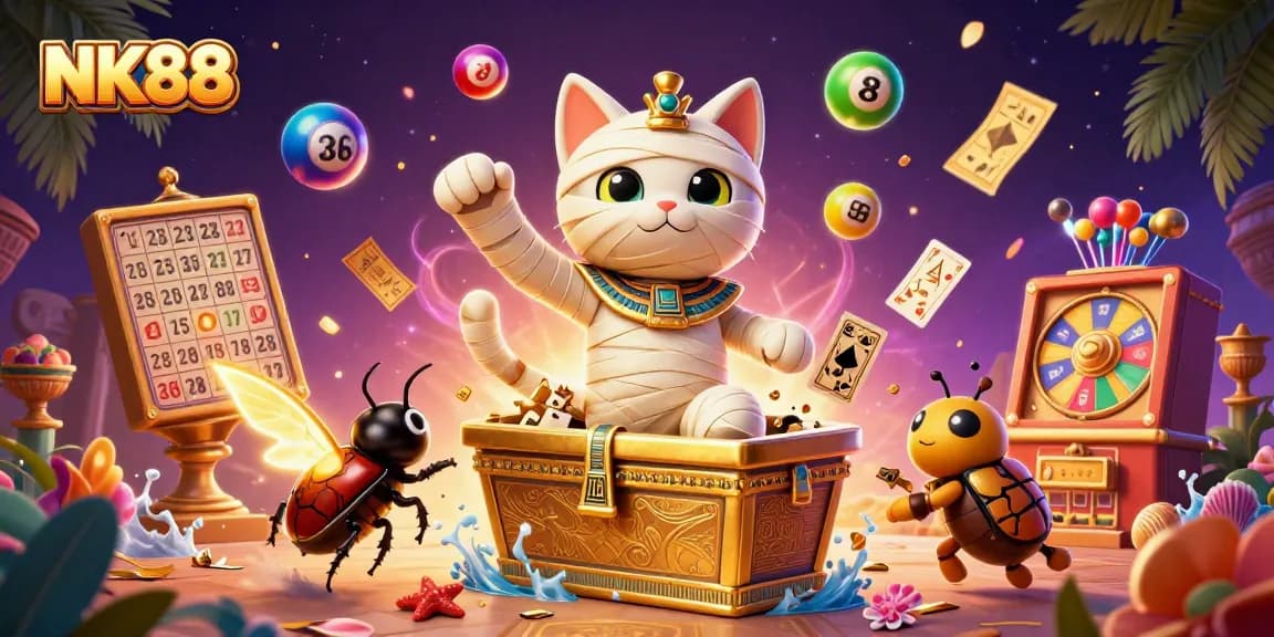 Experience the thrill of NK88 with a dynamic 3D casino scene featuring colorful lottery elements.
