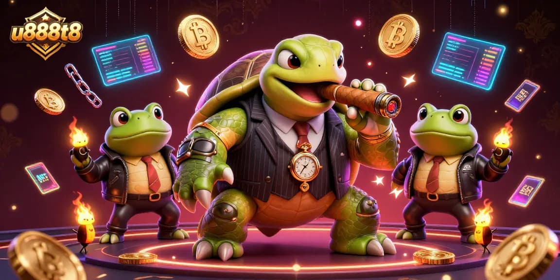 Engage with u888t8 casino games featuring a snappy turtle mobster and bullfrog enforcers in a vibrant setting.