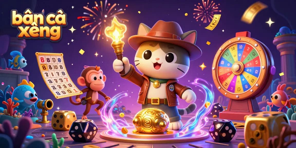 Bắn cá xèng adventure with a cat and monkey in a vibrant underwater casino setting, exploring treasure.