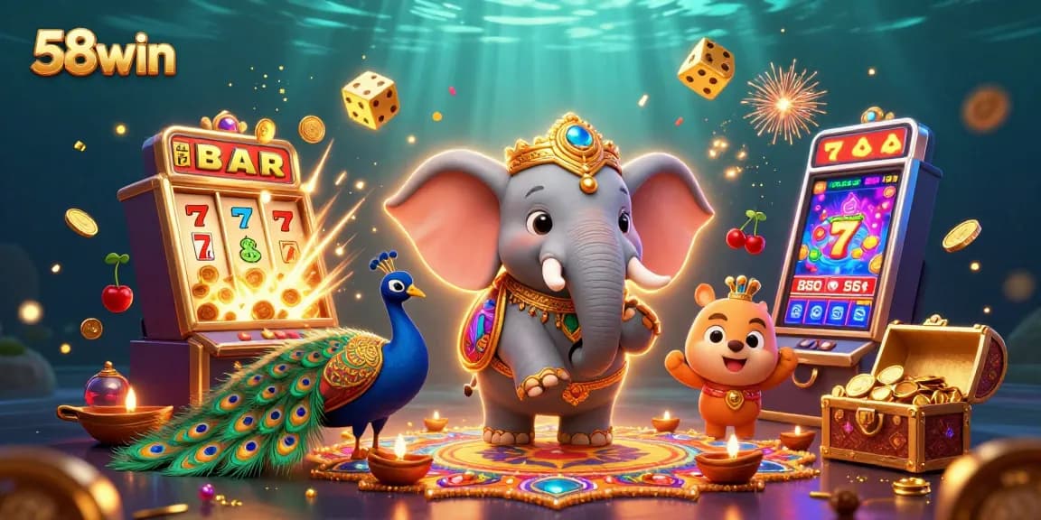 Join the excitement of 58win's jackpot scene with dynamic slot elements and colorful decorations.