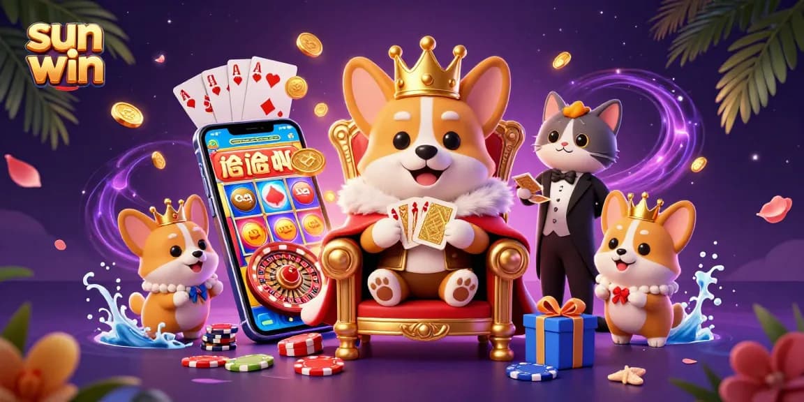 Experience sun win excitement with a whimsical royal corgi amidst vibrant casino elements.
