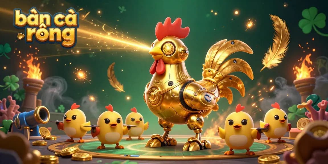 Engage with bắn cá rồng in a dynamic 3D scene featuring a golden rooster robot and baby chick drones.