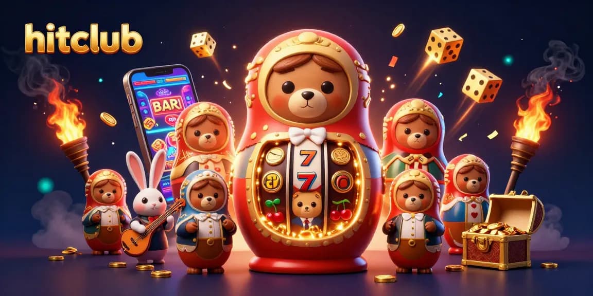 Hitclub's dynamic 3D illustration showcases slot gaming excitement with vibrant casino elements.