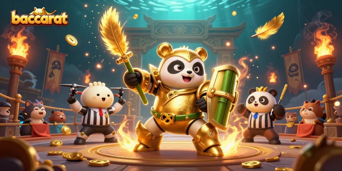 Engage in baccarat action featuring a mech-suit panda amidst an energetic casino scene.