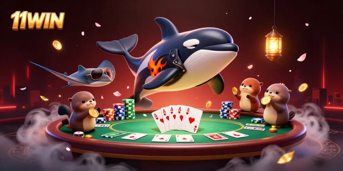 Get ready to win with 11WIN as an orca and friends enjoy vibrant casino fun.