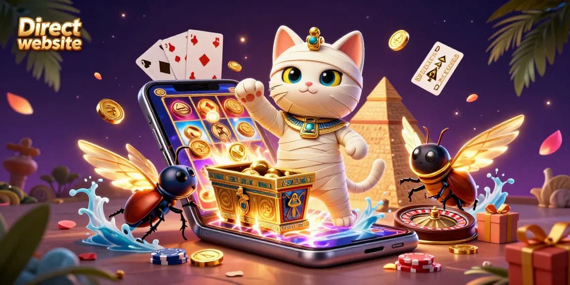 Experience the thrill of the Direct website with vibrant slot games and golden jackpots bursting from a mummy cat's sarcophagus.