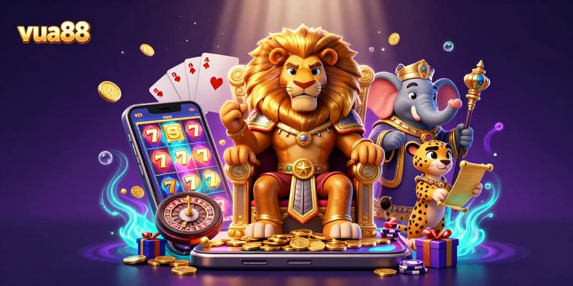 Experience exhilarating gameplay with vua88's lion king, smartphone slots, and vibrant casino elements.