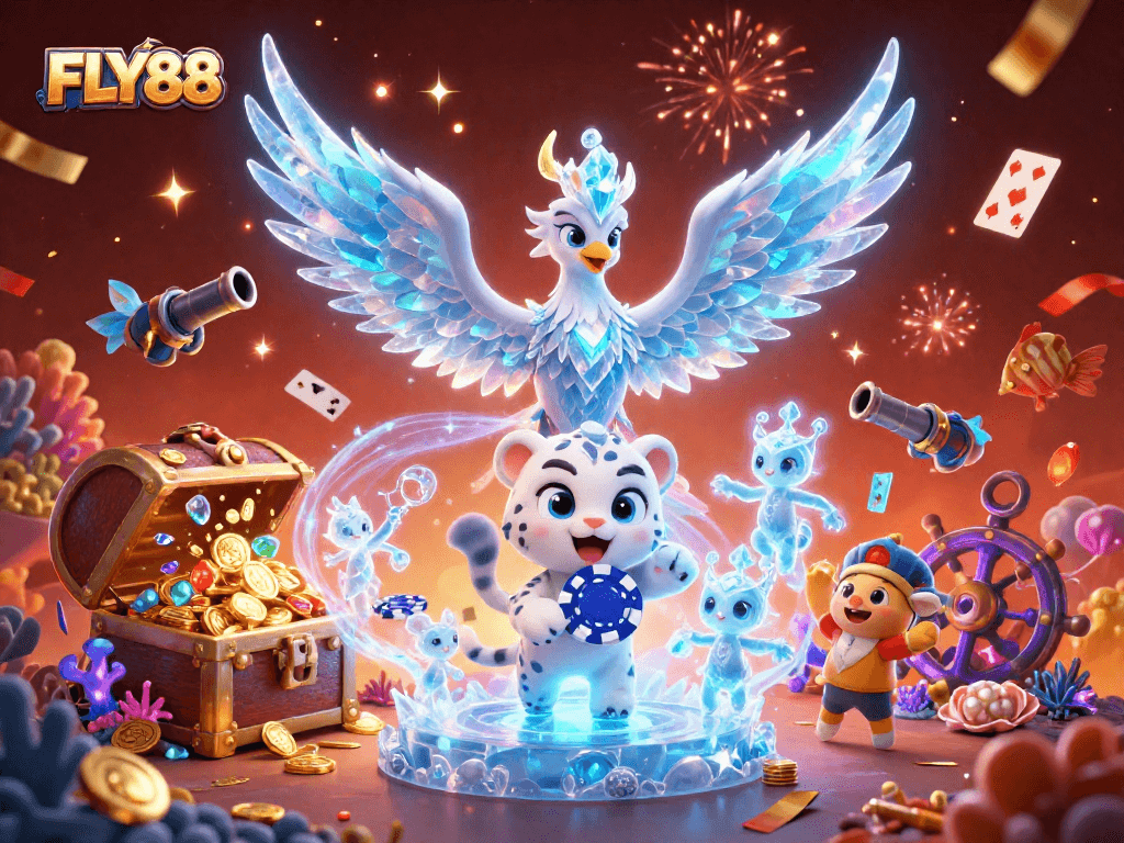 Join FLY88 for an exciting gaming adventure with vibrant colors and animated casino action.