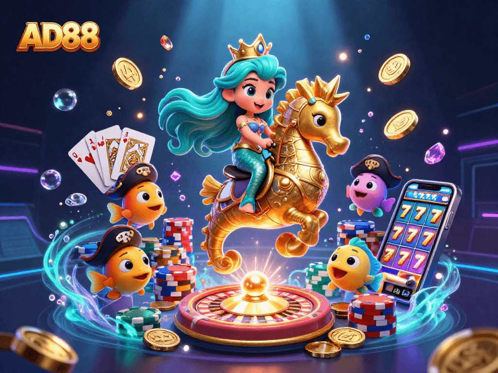 Win big at AD88 with a vibrant scene showcasing a mermaid princess and golden casino treasures.