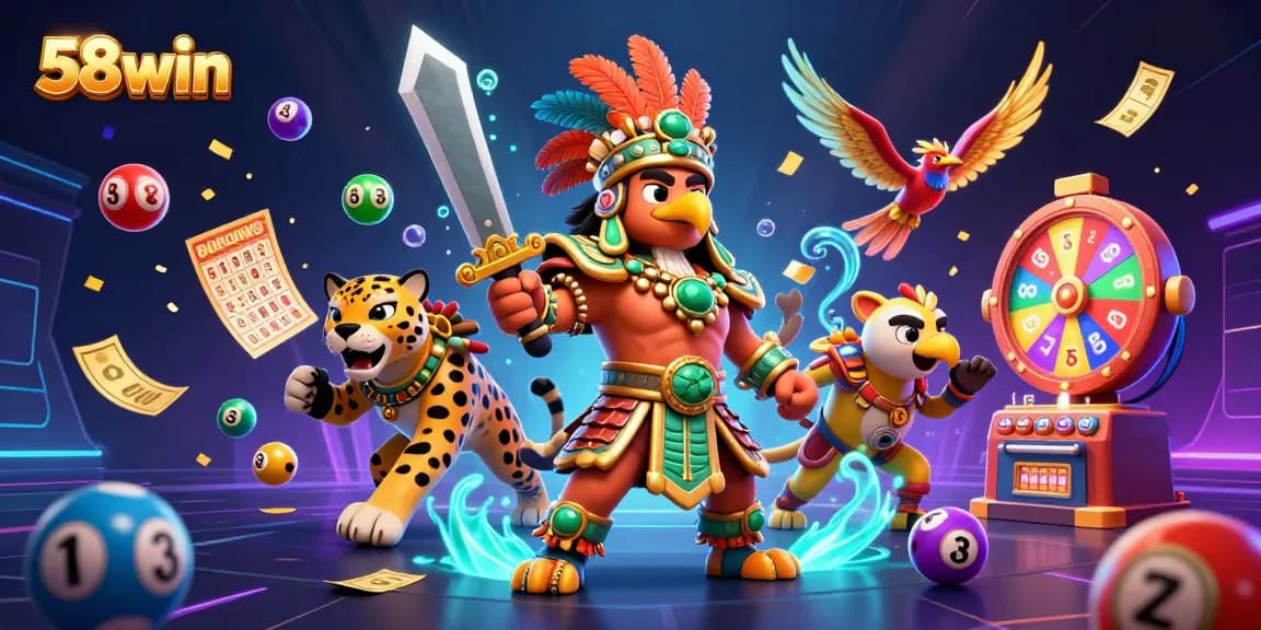 Engage with thrilling 58win gaming as Aztec warriors and vibrant lottery elements fill the scene.