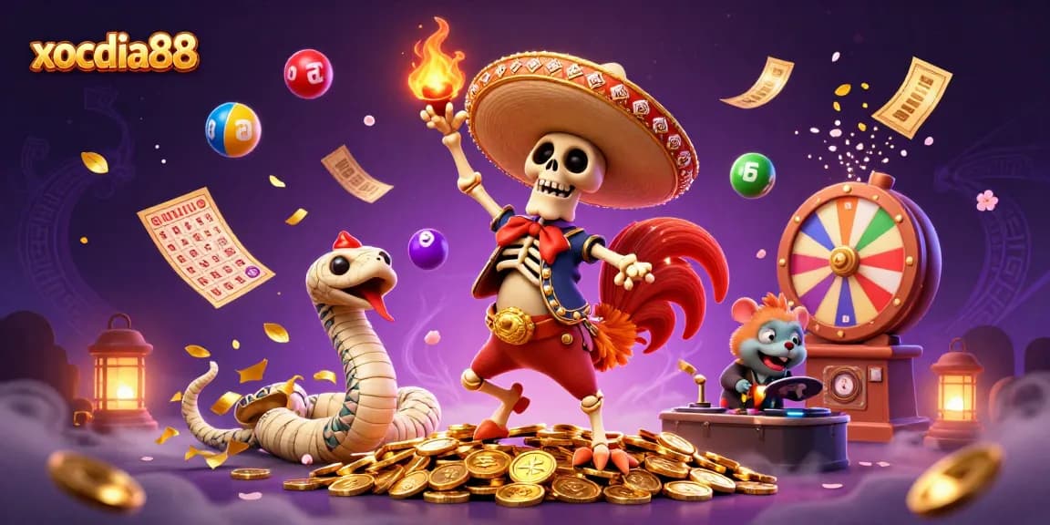 Experience the thrill of xocdia88 with a colorful 3D scene of vibrant characters celebrating in a dynamic casino atmosphere.
