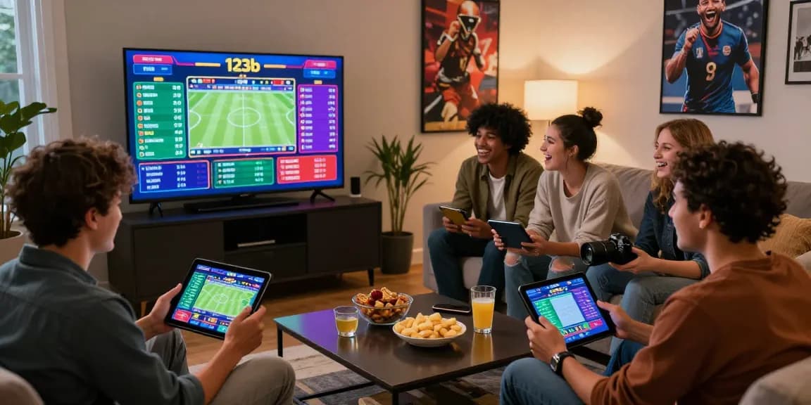 Friends enjoying a lively gaming night with 123b betting platform, tablets in hand, and sports events on screen