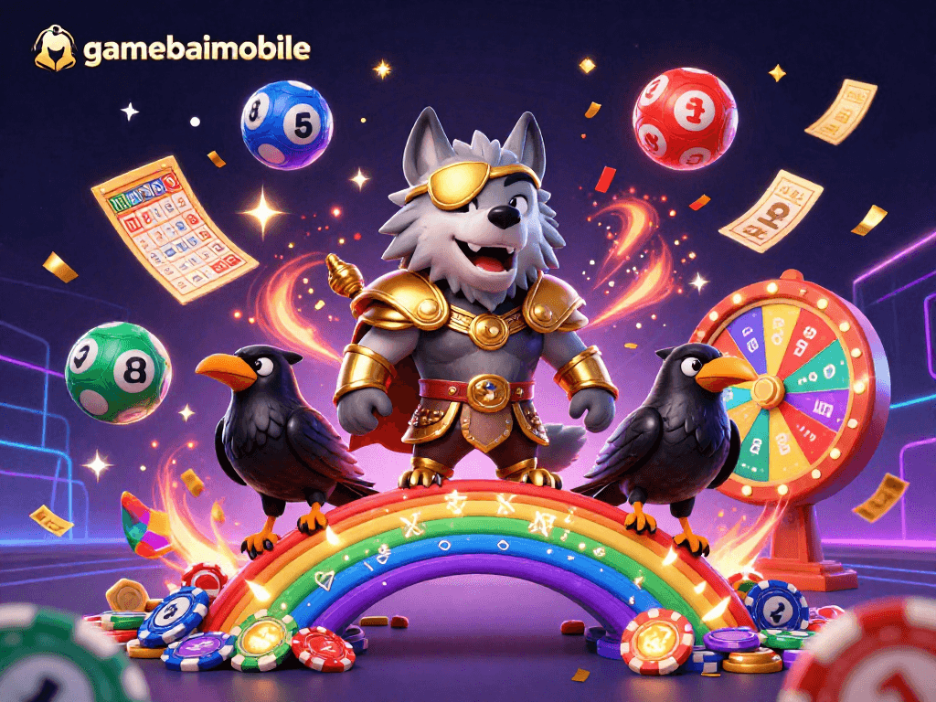 Experience gamebaimobile's magical casino world with Odin and ravens amid colorful lottery balls.