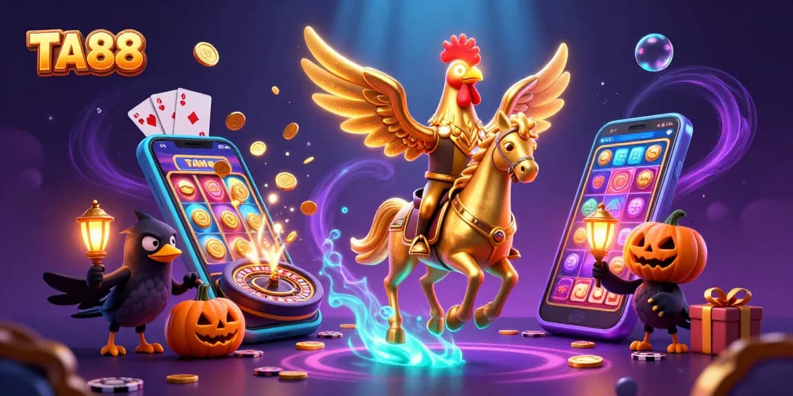 TA88 golden rooster riding spectral horse in a vibrant casino scene with gaming elements.
