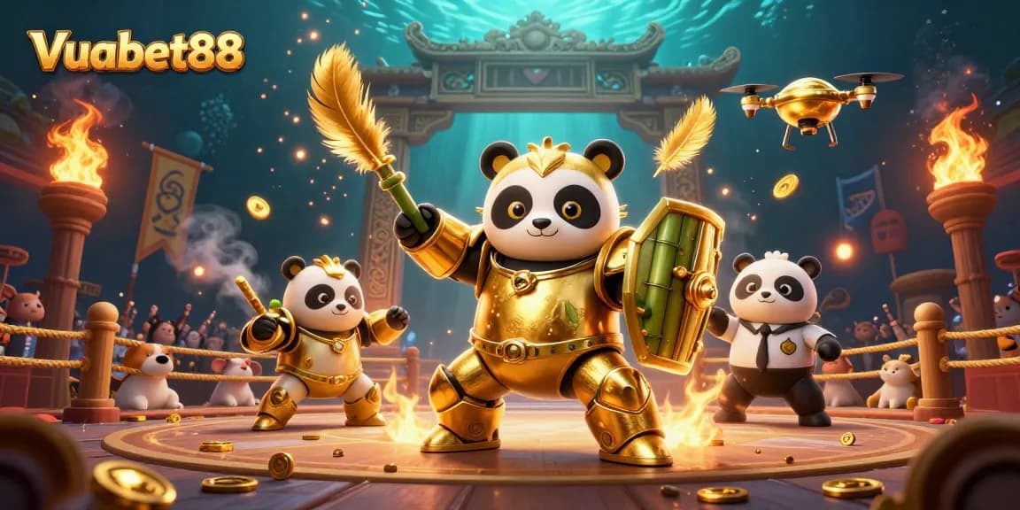 Experience the thrill of Vuabet88 with a dynamic 3D illustration of a powerful panda champion in a vibrant casino arena.