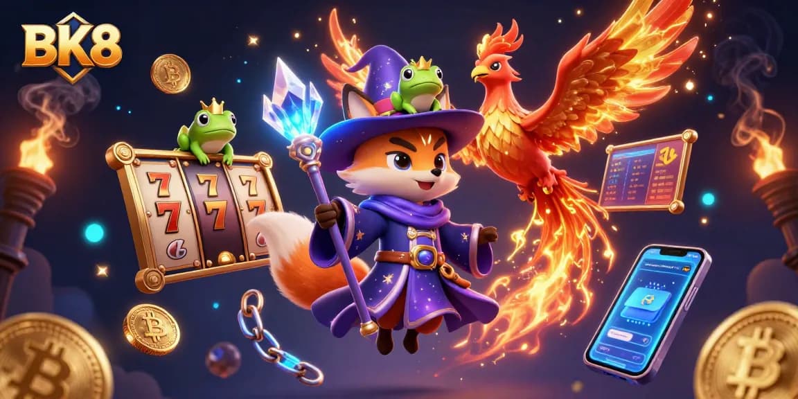 Experience BK8 gaming with a mystical wizard fox and golden phoenix in a vibrant casino scene.