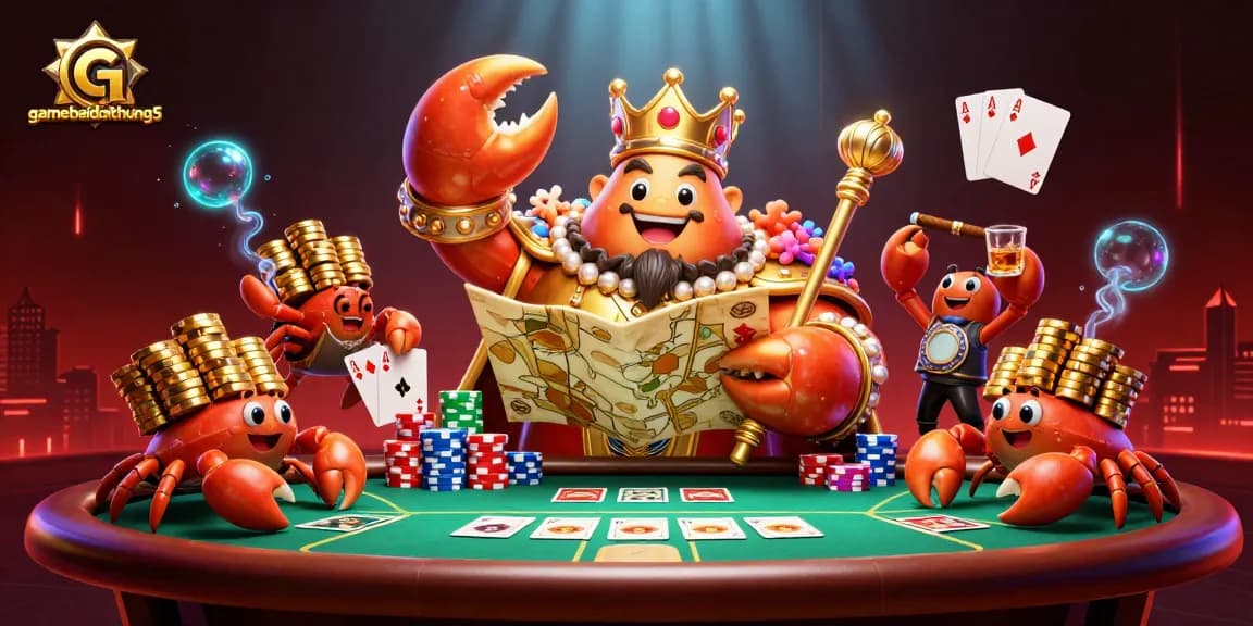 Experience gamebaidoithuong5 with a vibrant casino scene featuring a golden crab emperor and poker elements.