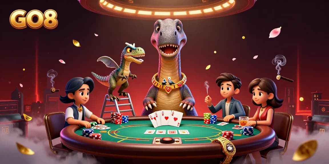 Experience the excitement of GO8 casino with a brontosaurus dealer and vibrant poker action.
