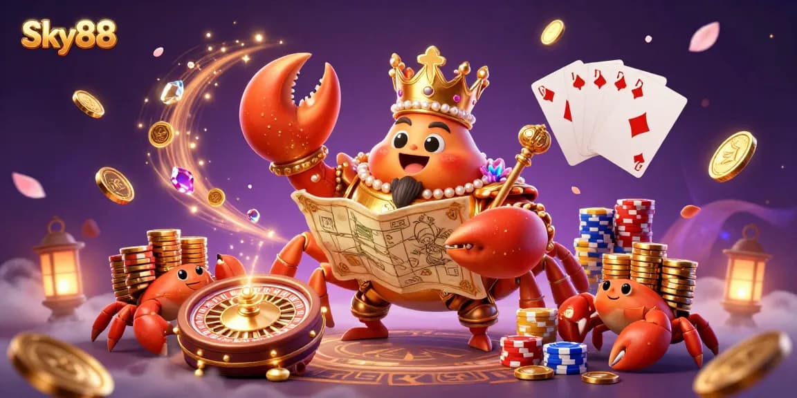 Sky88 invites players to engage with vibrant casino games under the golden crab emperor's watch.