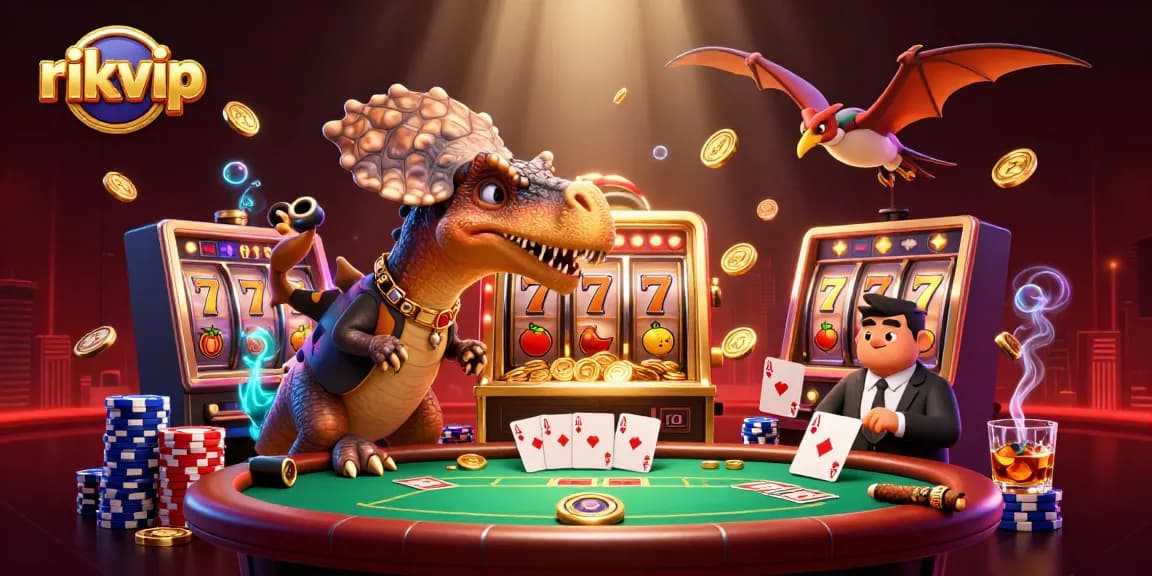 Watch rikvip characters celebrate as a dinosaur wins jackpots, amidst vibrant casino chaos.
