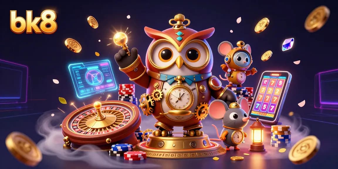 Experience the excitement of bk8 with vibrant 3D steampunk owl and casino elements lighting up the scene.