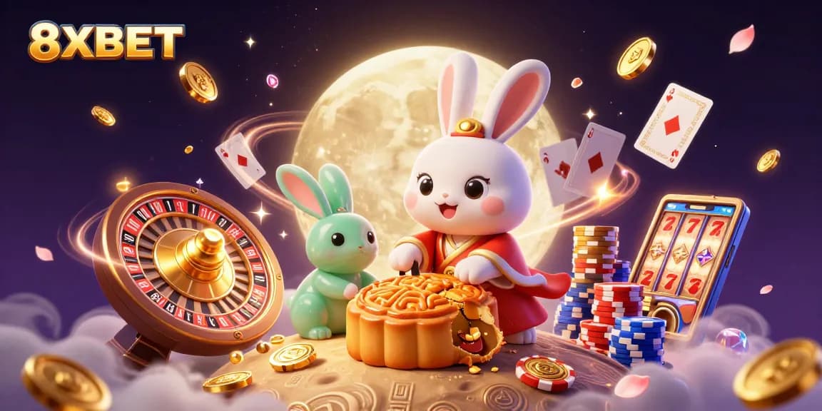 Experience thrilling gameplay with 8XBET as the moon rabbit reveals exciting poker chips.